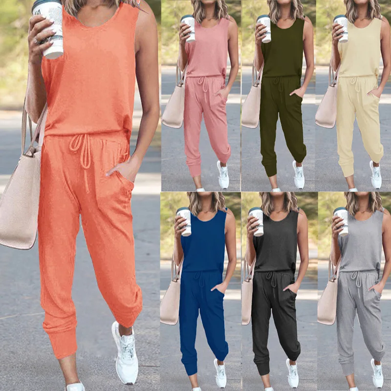 

2021 spring new women's loose solid color sleeveless casual all-match suit