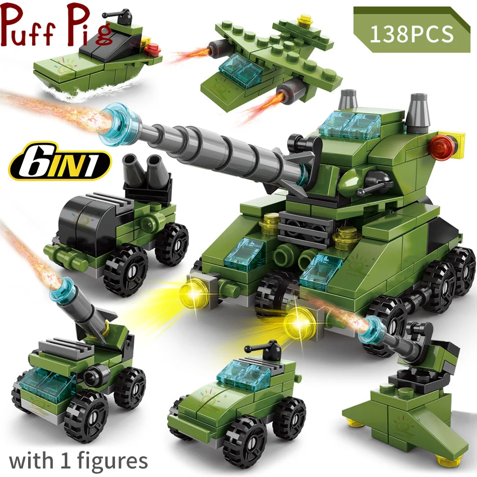 

138pcs 6in1 Building Blocks Land Forces Bricks Tank City Construction Children's Educational Toys Gift for Boys Figures Bricks