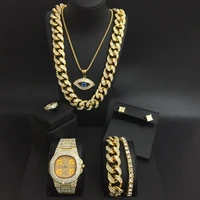 luxury men gold color watch necklace bracelet ring earrings combo set ice out cuban jewelry in crystal hip hop for men