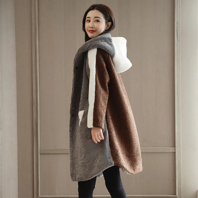 

New Color Spliced Thick Woolen Women Winter Coat Mid-Length Covered Button Suit Collar Hooded Wide-Waisted Fashion Coat Women