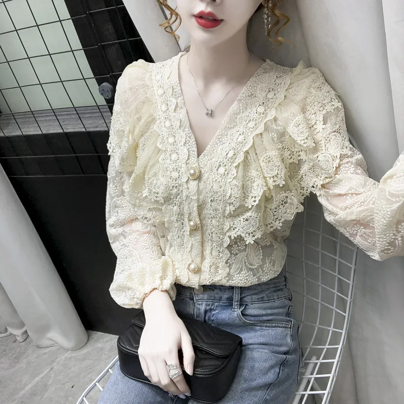 

Женская кружевная рубашка, с длинным рукавом и V-образным вырезом, на осень