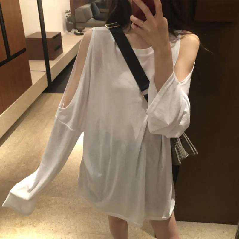 

Long Sleeve Off Shoulder Solid Women's Tshirt O-neck Loose Lazy Slim Tshirts For Girls 2021 Summer Female Tops Sweet Chic Sexy