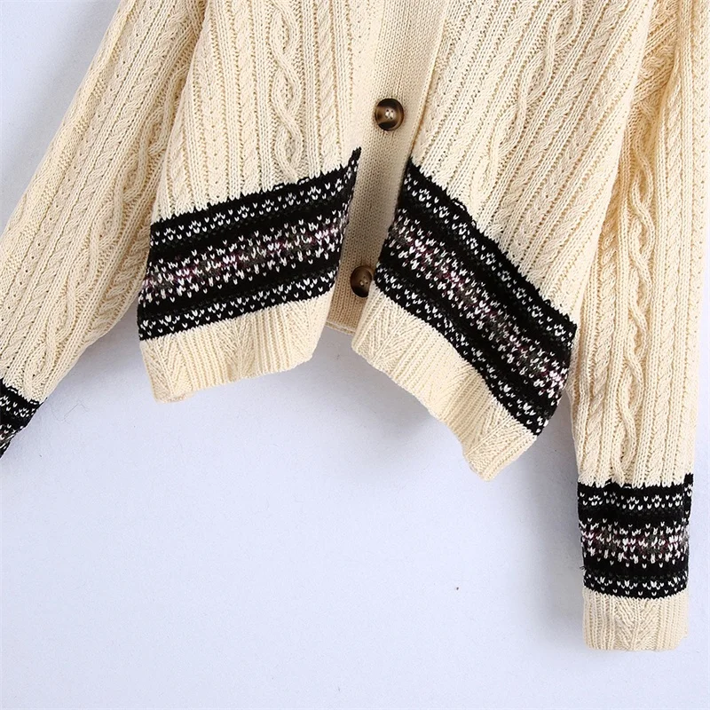 

Women 2021 Fashion Oversized Jacquard Cable-knit Sweater Vintage V Neck Long Sleeve Female Chic Tops