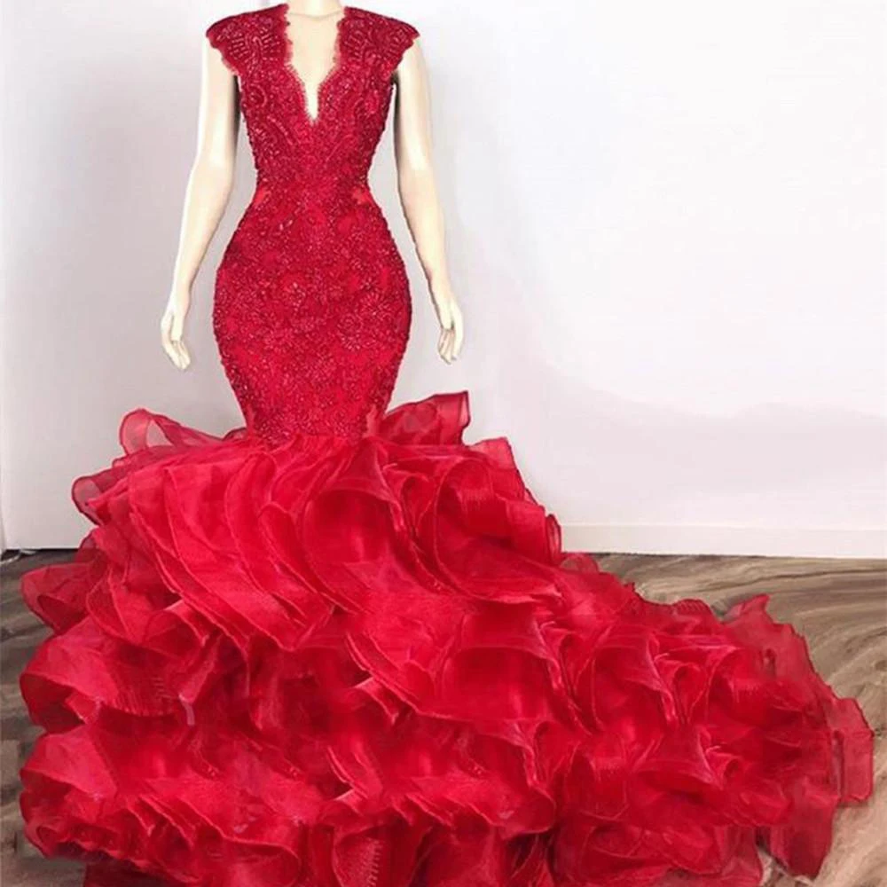 

Luxury Mermaid Evening Dresses Lace Full Beaded Ruffles Skirt Prom Gowns Custom Made Special Occasion Dresses