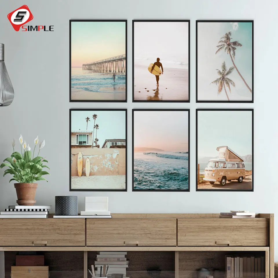 

Nordic Style Beach Wall Art California Beach Canvas Painting Ocean Van Posters and Prints Decorations for Livingroom Home Decor
