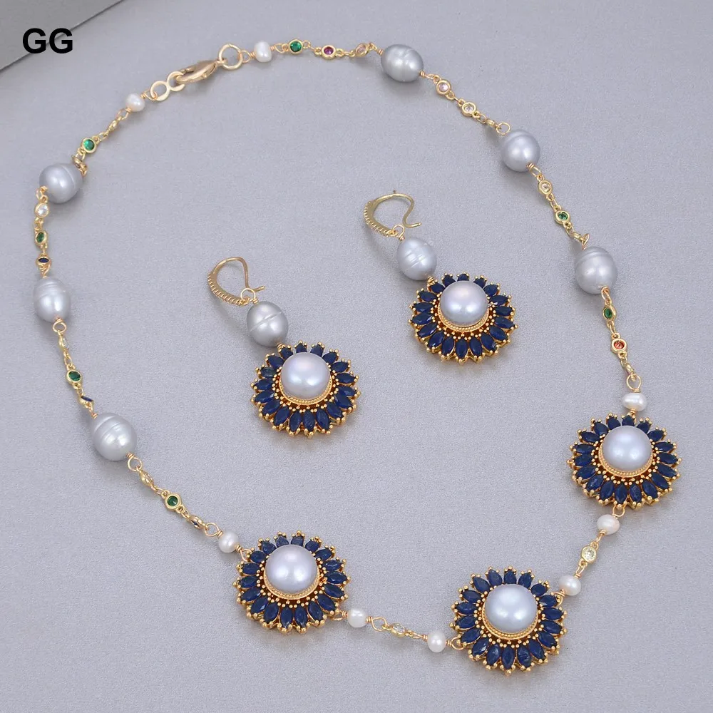 

GuaiGuai Jewelry 19'' Natural Freshwater Gray Pearl Chain CZ Pave Flower Necklace Earrings Sets