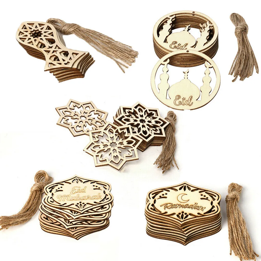 

10pcs/pack Wood Pendants Eid Mubarak Greeting Cards Linen Ropes Mosque