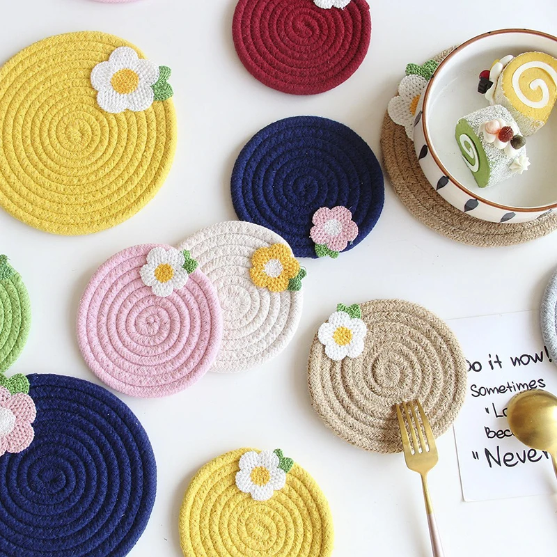 

Handmade Cotton Braid Coaster Round Cup Mat Colorful Flower Tea Coffee Mug Pad Home Table Office Desktop Decor