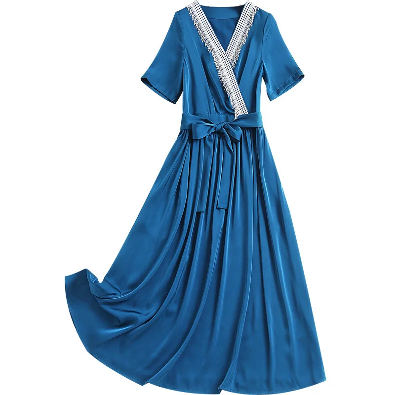 

Women high-end elegant satin dress spring summer 2021 tassel lace trim V-neck short sleeve sashes sexy dresses blue