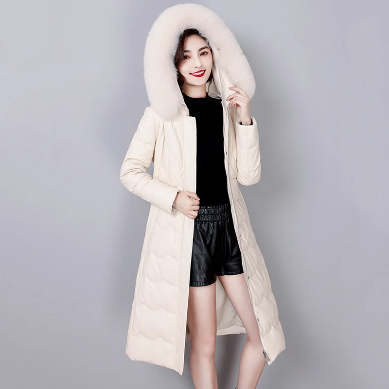 New Women Leather Down Coat 2022 Autumn Winter Thick Warm Fox Fur Collar Butterfly Belt Slim Long Sheepskin Down Jacket