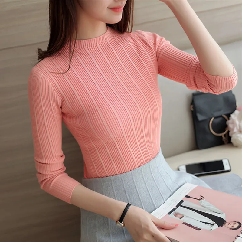 

2021 New High Quality Autumn Winter Women Sweater Pullovers Knitwear Solid Half Turtleneck Long Sleeve Sexy Slim Chandail Femme
