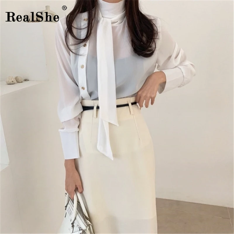 RealShe белая женская блузка 2020 высокий ворот длинный рукав пуговицы Женские топы и