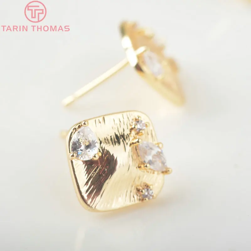 

6PCS 10MM 24K Gold Color Brass with Zircon Square Stud Earrings Earring Clip High Quality DIY Jewelry Making Findings