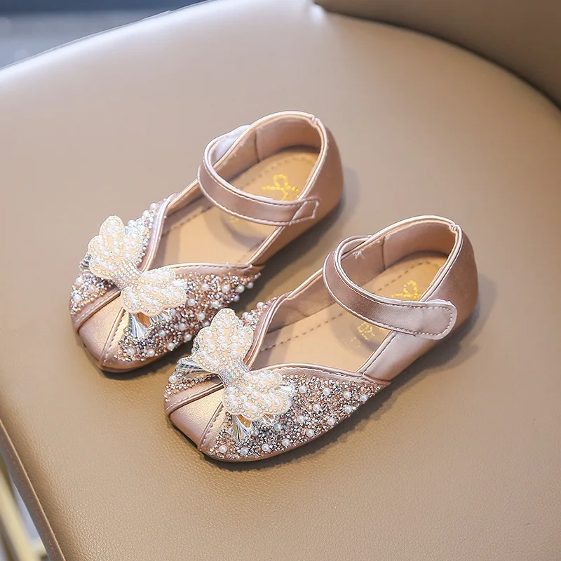 

Kids Leather Shoes Bling Butterfly-knot 2021 New Baby Girls Wedding Party Shoes Gold Sliver Pearl Flat Heel School Girl Shoes