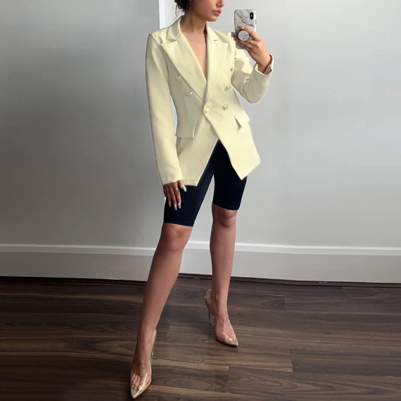 

Женская Офисная верхняя одежда с длинным рукавом, Осень-зима Элегантный женский блейзер с отложным воротником, Повседневная двубортная кур...