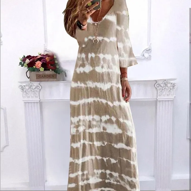 

Fashion Woemn Autumn Maxi Dress Loose V-neck Tie Dye Striped Print 2020 New Elegant Long Sleeve Party Hem Slit Dress Vestidos