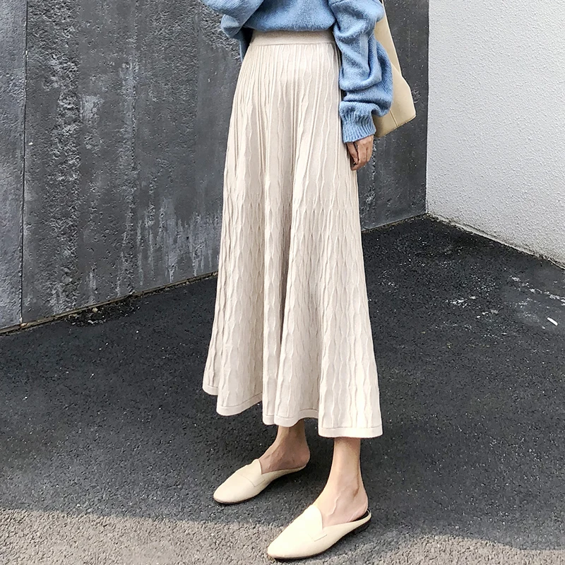 2019 зимняя женская трикотажная миди юбка в Корейском стиле однотонная Теплая с