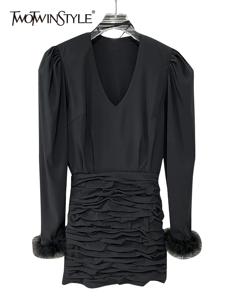 

Женское плиссированное платье twotwin2, черное однотонное мини-платье с v-образным вырезом и длинным рукавом, с высокой талией, модная одежда