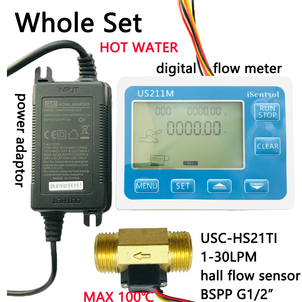 

Hot Water 100C US211M Water Flow Meter Digital Hall Water Flow Sensor Reader with Brass USC-HS21TI 1-30L/min flowmeter turbine