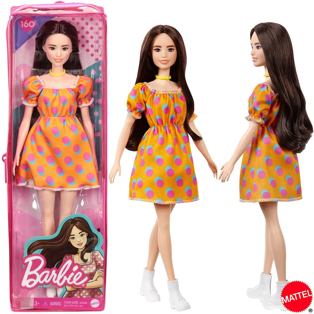 

Модная Кукла Барби Mattel #160 с длинными волосами брюнетки, оранжевое платье, модная Кукла, коллекционные игрушки для девочек, подарок