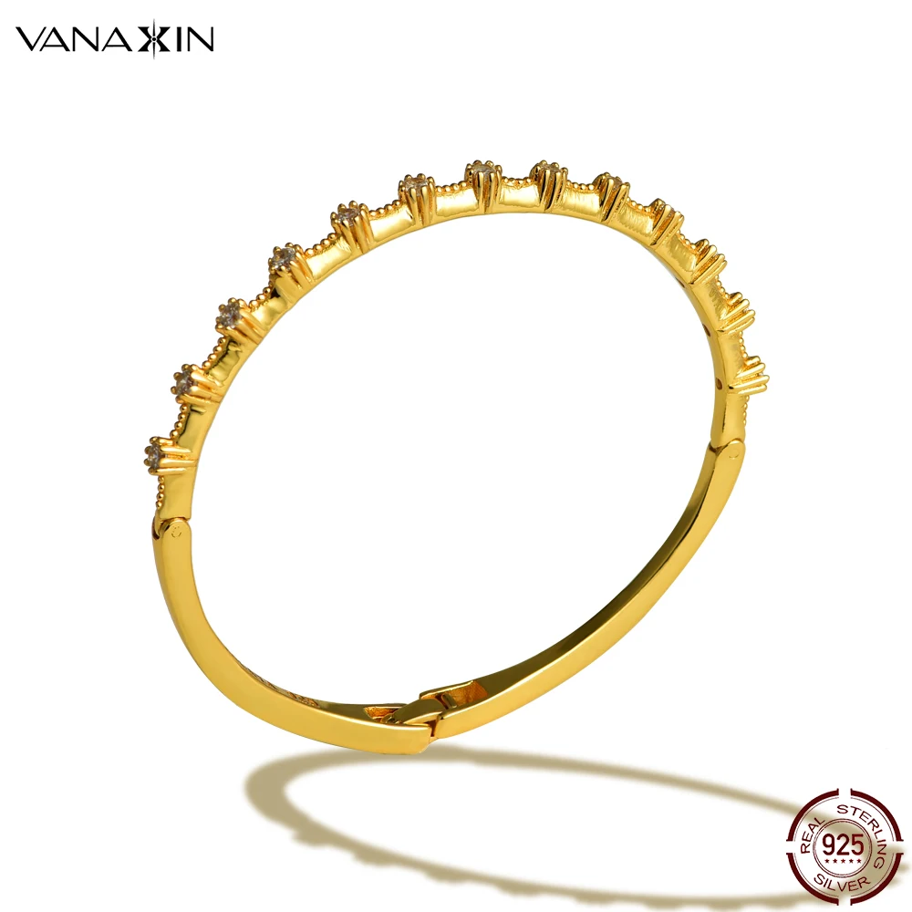 

925 Sterling Silver Bangle for Women CZ Zircons Luxury Gift Party Wedding Gift Gold Color Fashion Silver Jewelry Girl