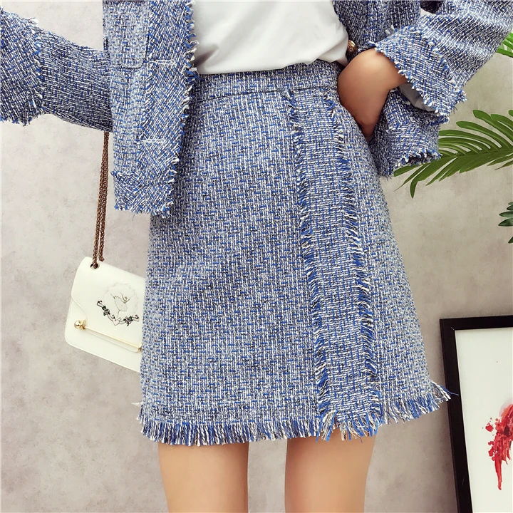 

Tassel tweed jacket asymmetrical pearls tweed skirt suit runway tweed suit runway autumn winter women 2 piece set