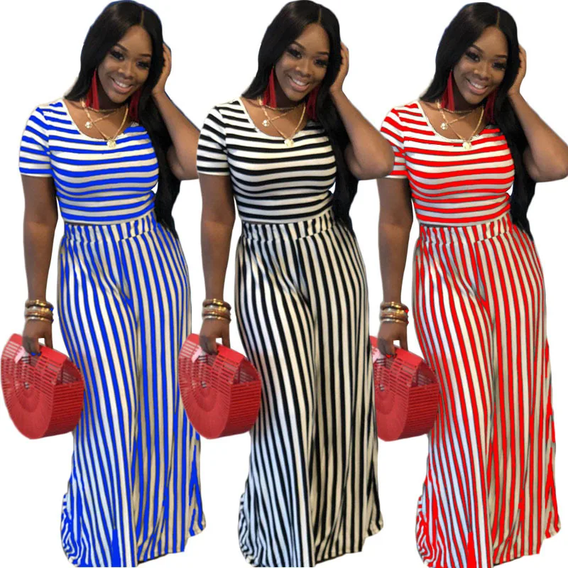 

summer leisure comfortable stripes loose wide legs thin printed two-piece fashion clothing plus size Wholesale Dropshpping