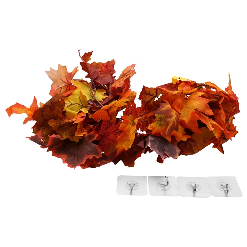 2 Pcs Artificial Autumn Maple Leaves Garland, Fall Hanging Plant for Home Garden Wall Doorway Backdrop Fireplace Decoration, Wed