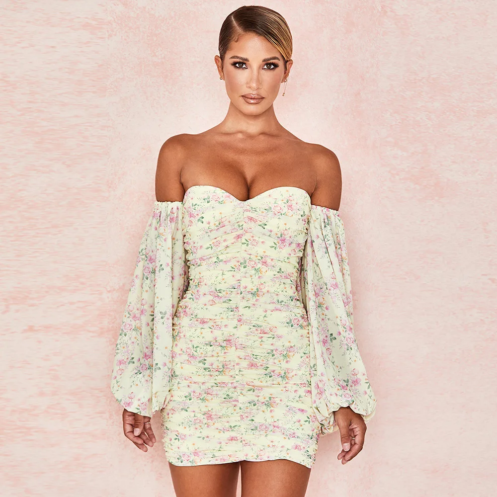

Vintage Spring Dress 2021 Retro Sexy Club Women Off Shoulder Floral Print Mini Sexy Dress Puff Sleeve Party dress Vestidos
