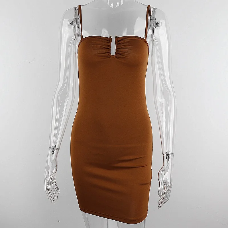 

Cryptographic Chic Fashion Sexy Summer Solid Coffee Mini Dress Bodycon Sleeveless Holiday Spaghetti Strap Dresses Birthday