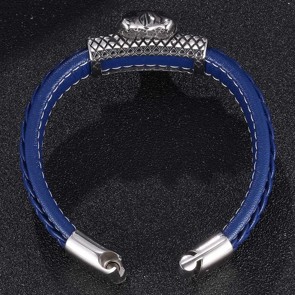 

New Men Wolf Head Charms Bracelets Bangles Wristband Men Stainless Steel Blue Leather Bracelets Male Jewelry BB0881