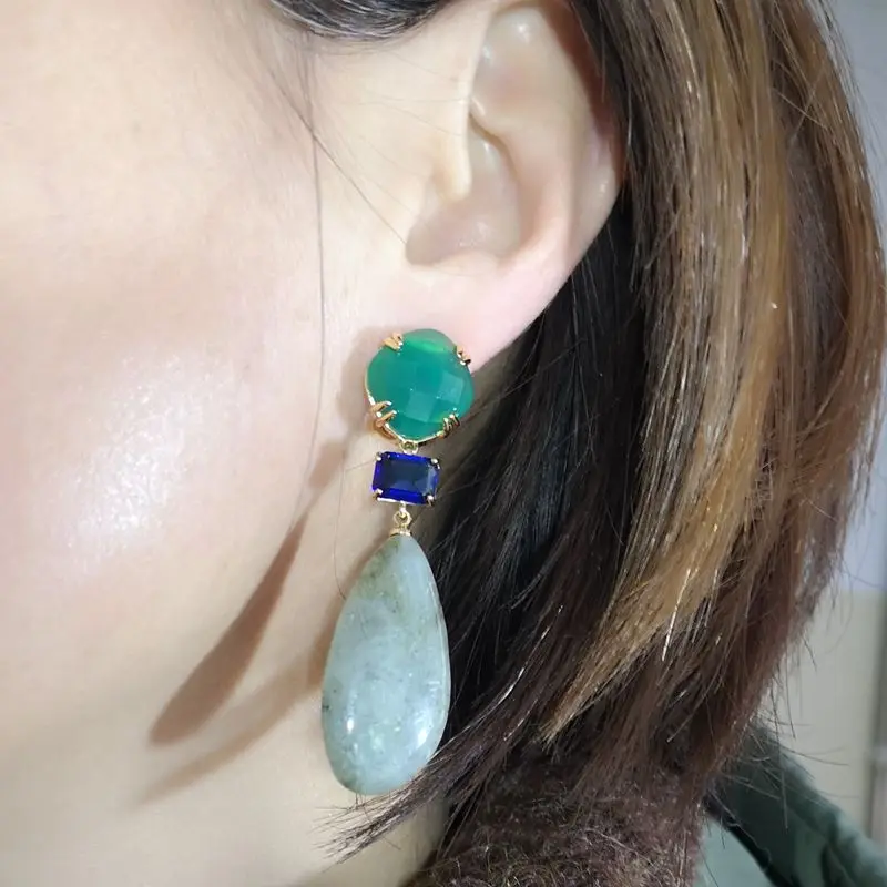 

Mixed Natural Stone Mother of pearl Red Green Agate Long Drop Earrings Sterling Silver 925 Needle Gold Plated Jewelry For Women