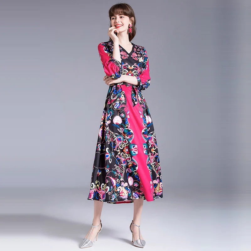 

Willstage totem printed dress vintage pattern long dresses with sashes v-neck national wind Summer dress hubble-bubble sleeve