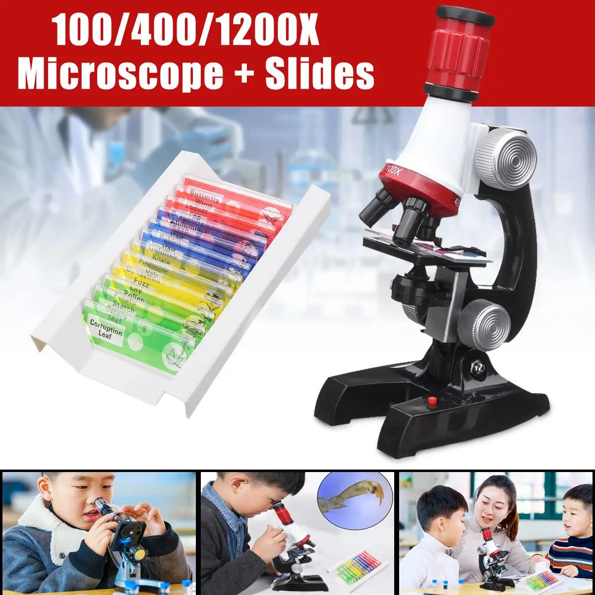 Новый Монокуляр 100X 400X 1200X микроскоп + 12x слайды подготовленные для микроскопа