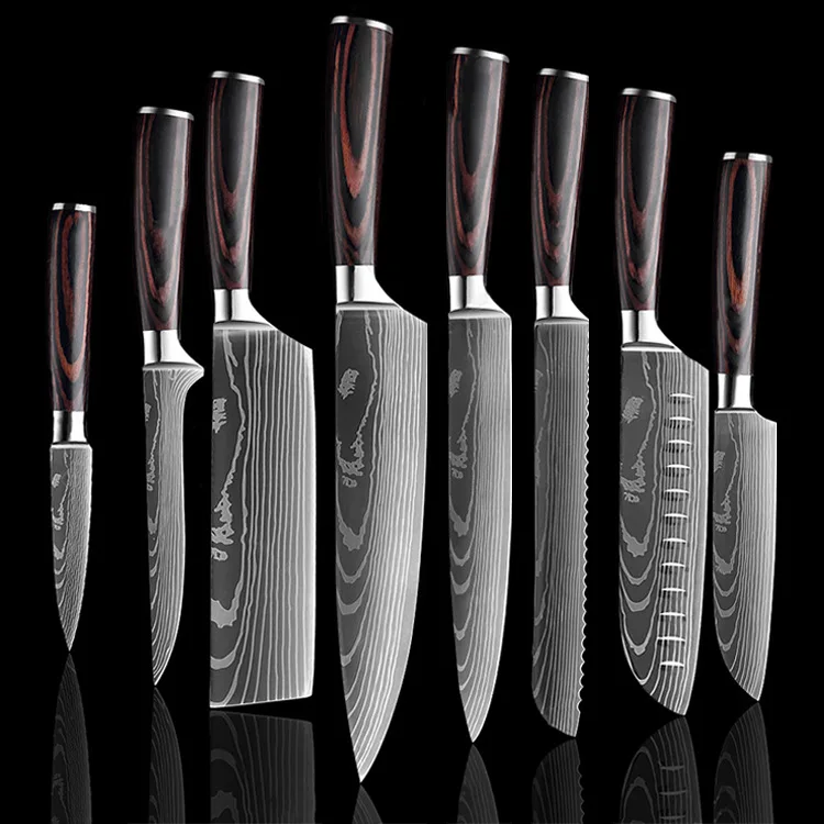 

Набор кухонных ножей шеф-повара, острые японские ножи сантоку с лазерным узором Дамаска, Мясницкий резак, 8 шт.