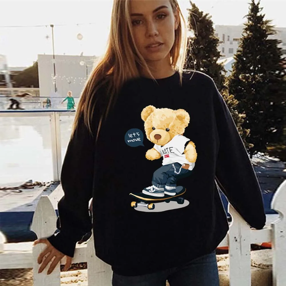 Women's Fashion Long Sleeve O-Neck Sweatshirt Pullover Cute Bear Print Ladies Harajuku Spring and Autumn Thin Sweatshirt Hoodie