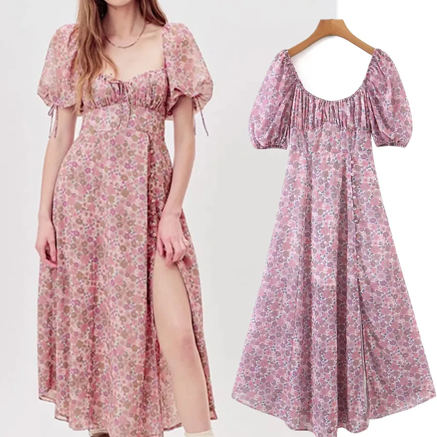 

Withered Summer Beach Dress Women Bohemian Style Vintage Floral Printing Square Collar Sexy Midi Dress Women Long Dress Vestidos