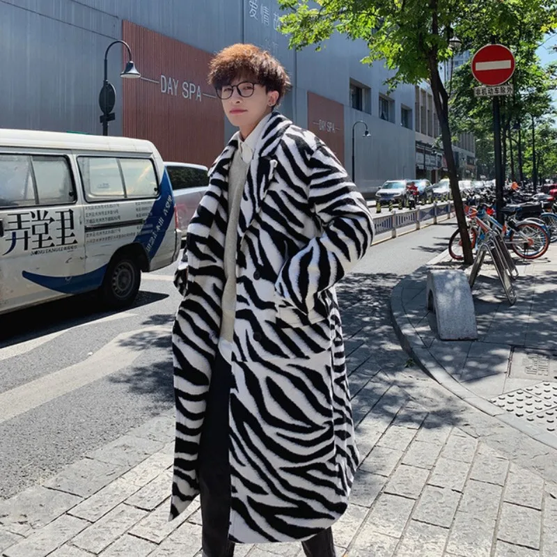 

Woolen Coat Mens Lapel Single-Breasted Zebra-Striped Loose Thickening Warm Winter Middle Length Jacket Large Size Korean Style