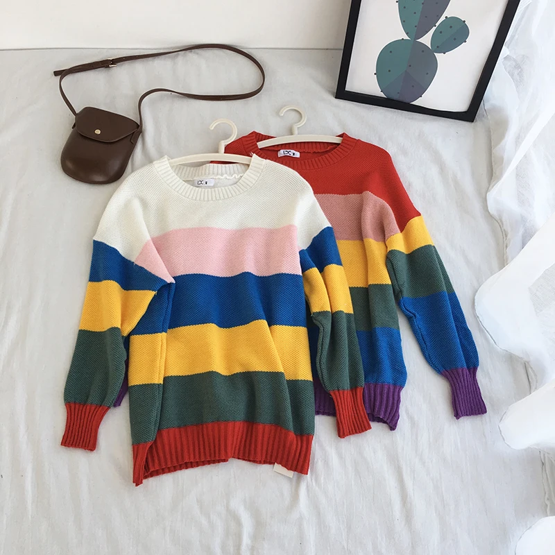 Свитер женский в радужную полоску винтажный джемпер стиле Харадзюку трикотажный