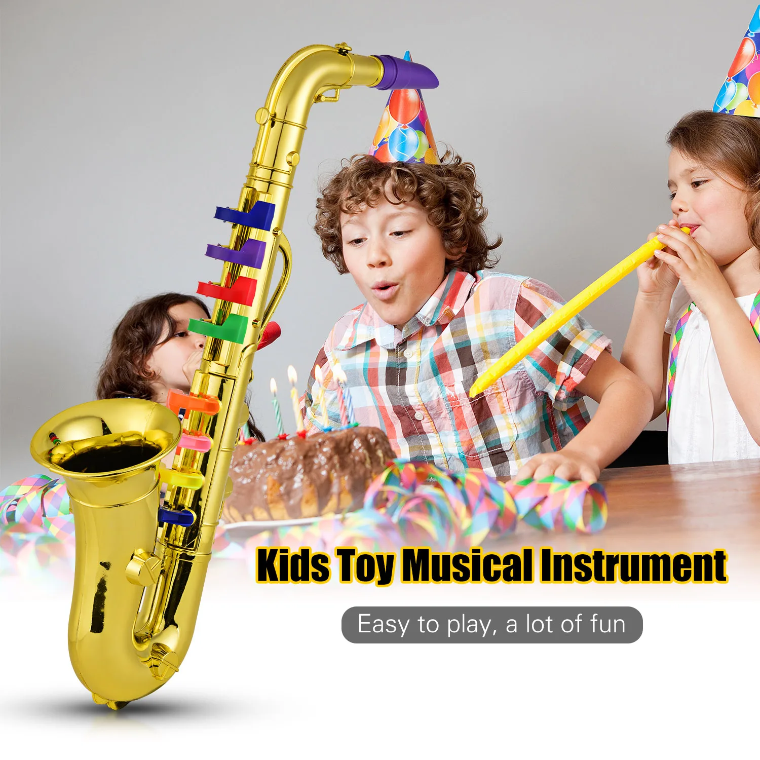 

Saxophone Kids Musical Wind Instruments ABS Metallic Gold Saxophone with 8 Colored Keys Child Gift
