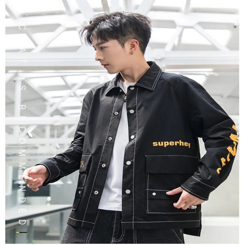 

2021 New Spring Casual Fashion Tooling Male Youth Trendy Brand Loose Thin Jacket Personalized Printing Long-Sleeved Shirt
