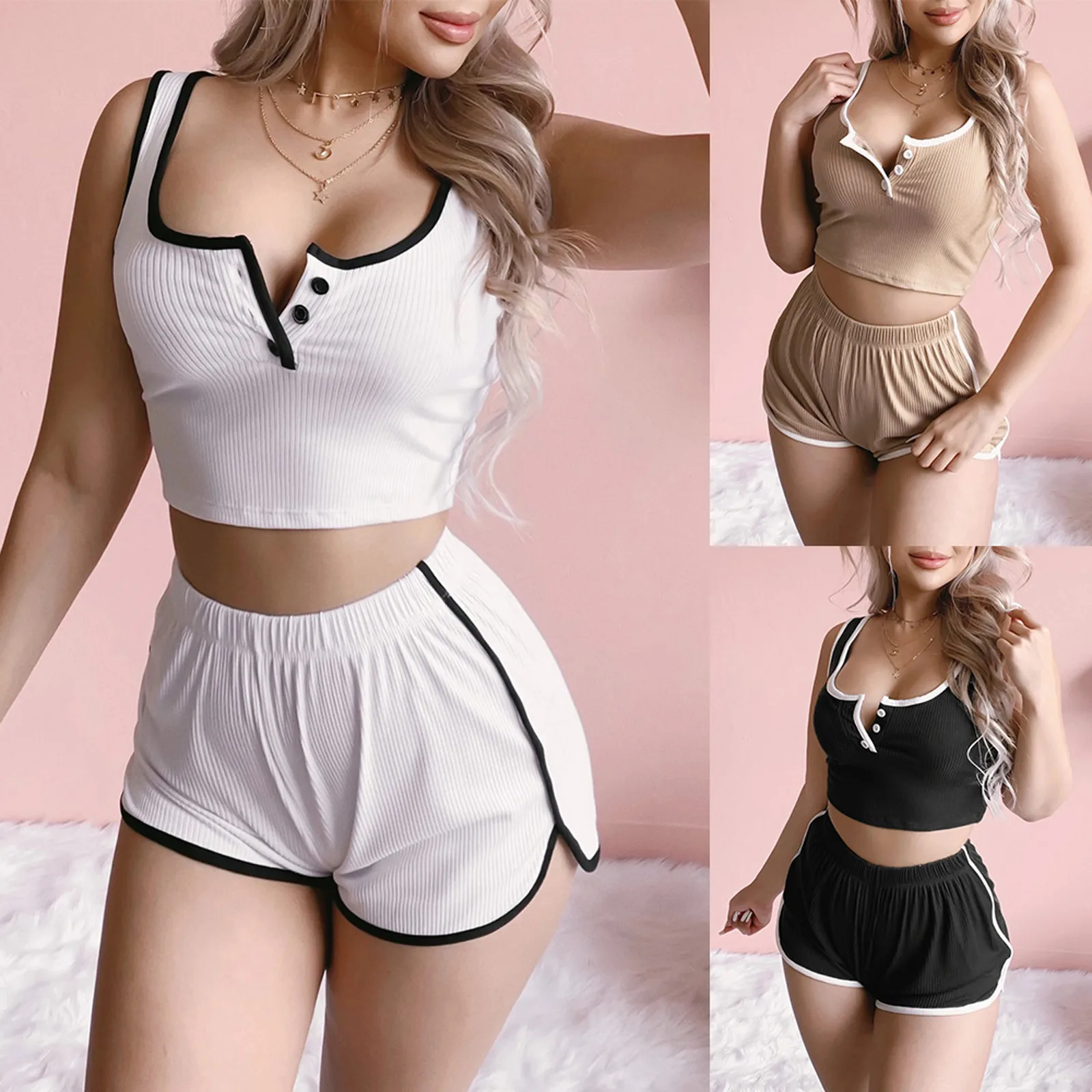 

Summer Fashion Women's Sports Suit Solid Color V-neck Sleeveless Casual Female Button Splicing Sling Vest Shorts + Crop Top