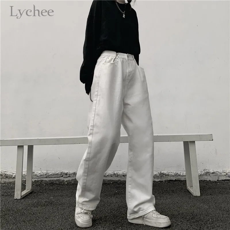 

Lychee Harajuku White Women Straight Pants Casual Loose Solid Color High Waist Pants Autumn Trousers
