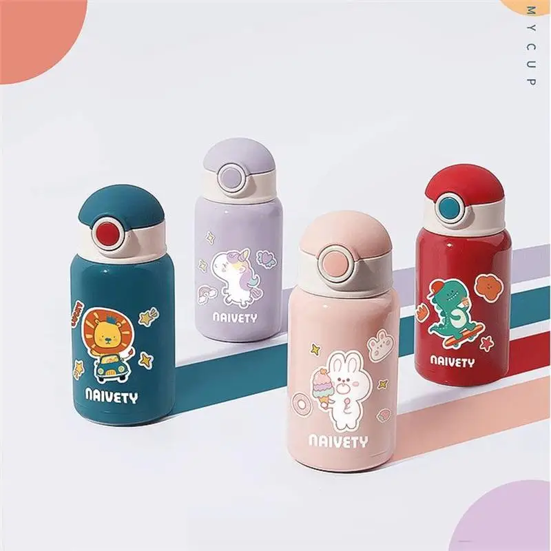 

New Children's Cute Thickened Silicone Thermos Mug Creative Cartoon Sticker Portable Messenger Hanging Rope Water Bottle