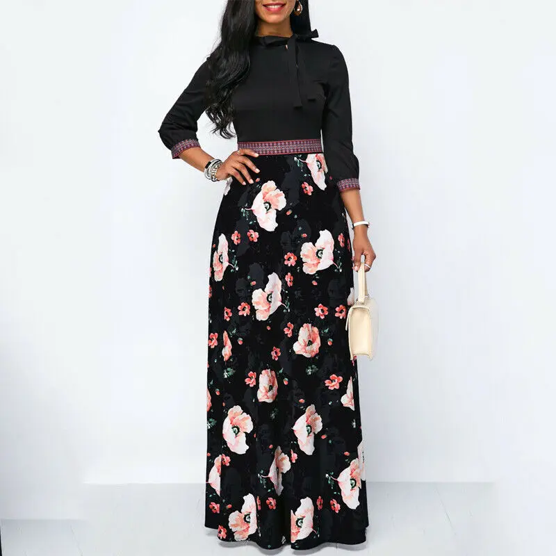 Горячая Распродажа женское винтажное платье макси с длинным рукавом Цветочное