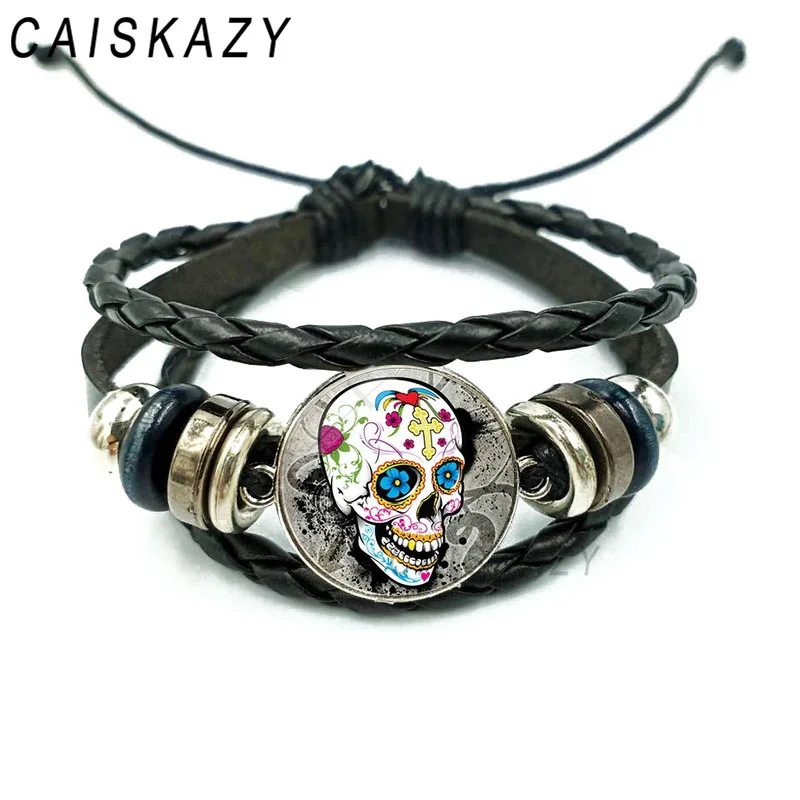 Браслеты из кабошона и кожи с изображением сахарного черепа многослойные