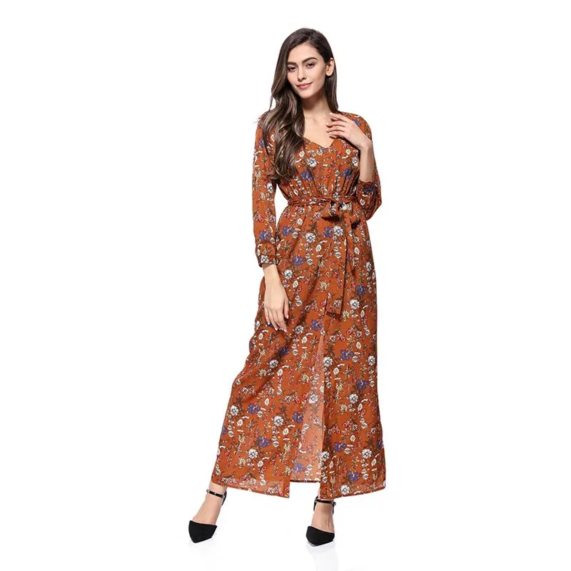 2019 осенне зимнее женское платье богемное пляжное длинное с v образным вырезом