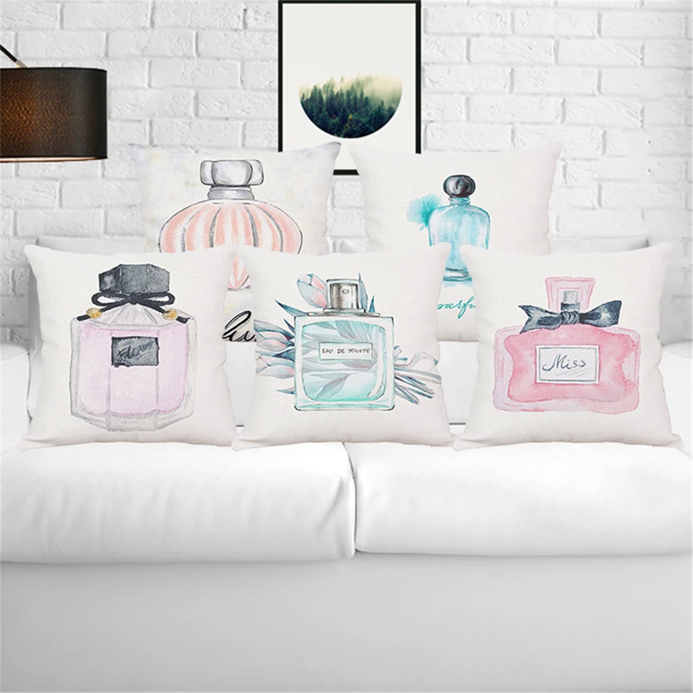 New Super Quality Thicken Linen Cotton Perfume Bottles Flowers Cushion Cover Sofa Throw Pillow Cover Decorative Christmas Pillow