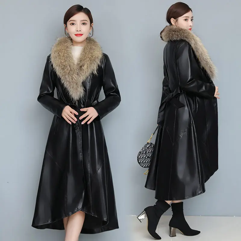 Fashion Leather Jacket With Fur Collar Women's Autumn And Winter Clothes Long Thick Leather Windbreaker Slim Korean Coat y1014