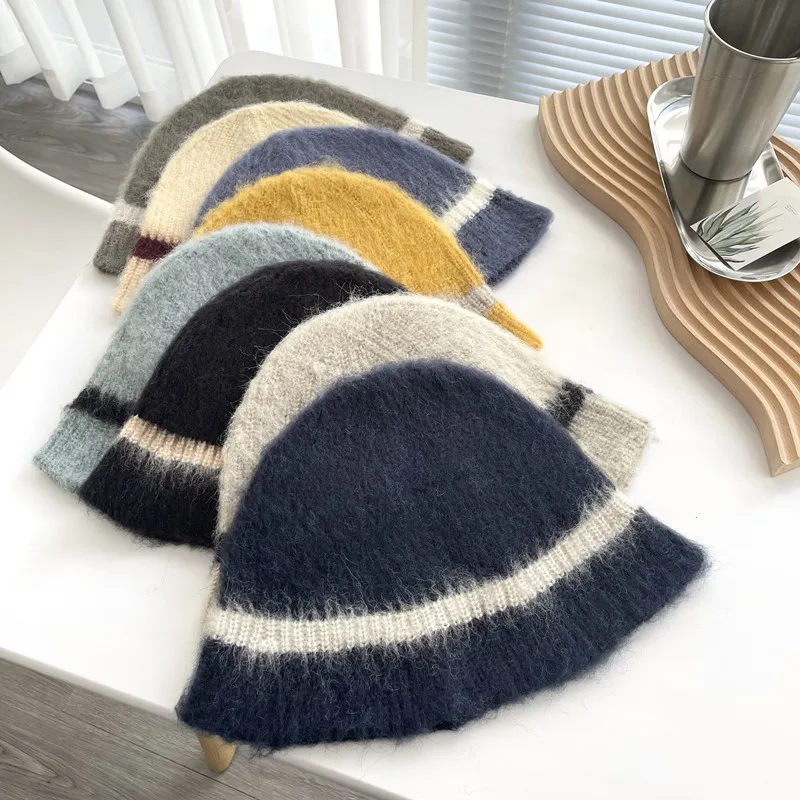 

Ins Cashmere Color Matching Wool Bucket Hat Women Knitted Fisherman Hat Female Autumn Winter Korean Warm Panama Wild Woolen Hat